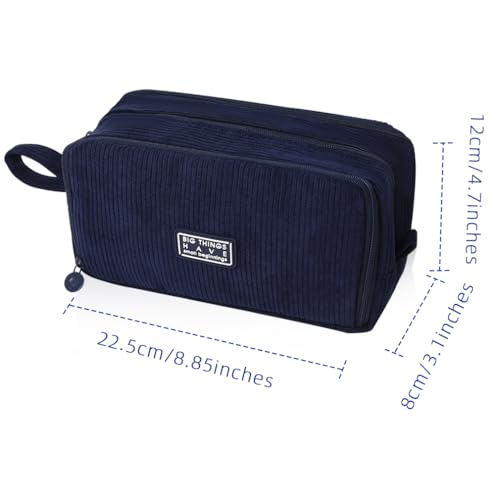 Image of iSuperb Big Capacity Corduroy Pencil Case 3 Compartments Pen Pouch Simple Organizer Bag Large Capacity Pencil Box for Adults (Navy Blue)