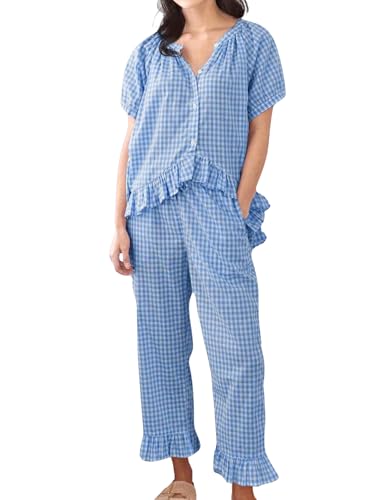 Image of codcm Womens Gingham Pajama Set 2 Piece Short Sleeve Babydoll Shirt and Pants Lounge Set Cute Sleepwear