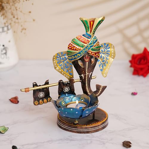 Image of Decorative Handcrafted Multicolor Metal Ganesh Brown Tea Light Holder for Home Decoration and Gift