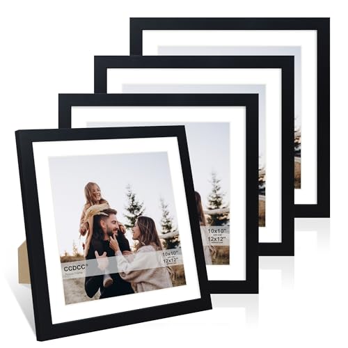 12x12 Picture Frame Set of 4, 12 x 12 Wood Photo Frames with Mat for 10x10 or 30x30cm Diamond Painting Art, Wooden Frame with Real Glass Cover for Wall and Tabletop Display,Black