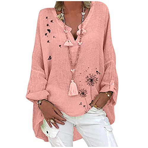 TIMEMEAN Tee Shirt pour Femme Chemisier Tunique Imprimé Fleuri en Coton Et Lin De Grande Taille Haut Fluide Décontracté à Manches Longues Et Col en V, #13rose, (TIMEMEANshirt2022/4/14)