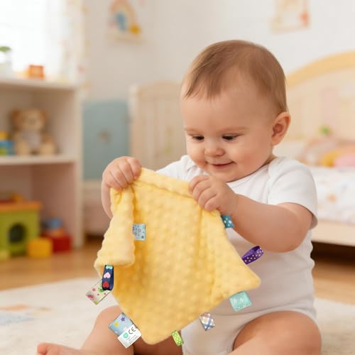 Image of CREVENT Soft Baby Lovey Security Blanket, Small Plush Comfort Blanket for Baby Girls, Sensory Soothing Toy, Newborn, 10 inch x 10 inch 4pcs