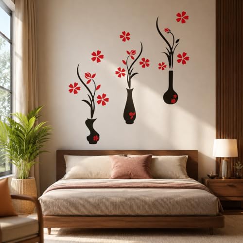 Image of DreamKraft Black Vase Red Floral Wall Sticker, Large PVC Vinyl Flower Vase Wall Decal for Bedroom, Living Room and Hallway Decor, 107 x 125 cm