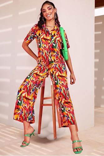 Image of POPWINGS Casual Floral Printed Monochrome Crop Shirt and Trouser Co-Ords Set for Women | Top and Bottom Set for Women |Printed Shirt and Trousers Set | Women Collar Shirt and Trousers Set Summer Wear