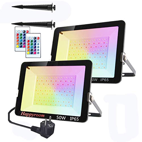 50w Focos Led RGB Exterior - Happyroom Floodlight LED Impermeable IP65 16 Colores y 4 Modos Luz Blanca para Jardín Outdoor Caminos Iluminación 2pack