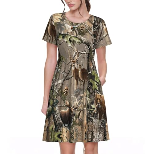 Robe à manches courtes pour femme imprimé grand gibier avec poches et jupe trapèze fluide