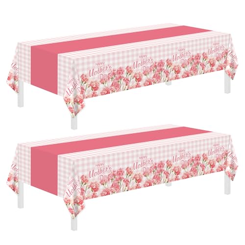 2 Pack Mothers Day Tablecloth Mothers Day Decorations 54 x 108 Disposable Plastic Tablecloth Mothers Table Cloth Plastic Pink Table Cover for Party Supplies Home Dinner Indoor Outside Picnic