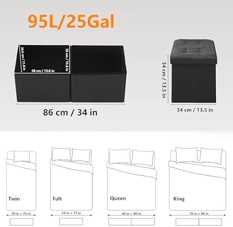 AmasSmile 2PC Storage Bench Folding Storage Ottoman Foot Rest Stool, Black Linen Footstool Bench, Short Ottoman Bench, Storage Foot Rest Store as Books, and Blanket Storage or Others, 34in and 17in