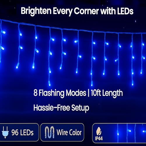 Image of MIRADH Icicle Diwali Lights Outdoor, 10ft 96 LED with 16 Drops Icicle Lights, Plug in Lights with 8 Modes Waterproof for Decoartion Light for Diwali, Christmas, Birthday, Ganesh Puja (Blue)