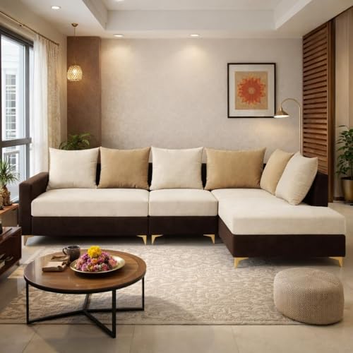 Image of FURNY Gloriss 6 Seater Fabric RHS L Shape Sofa Set with Multi-Color Beige Cushions (Cream-Dark Brown) Premium Velvet Finish with Golden Legs | Ideal for Living Room, Offices