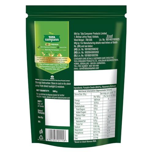 Image of Tata Sampann Pumpkin Seeds, 500g, Rich in Protein, Dietary Fibre, Magnesium & Phosphorus, Raw & Unroasted Pumpkin Seeds, Source of Iron & Zinc, Handpicked Seeds, Resealable Pack (Pack of 2)