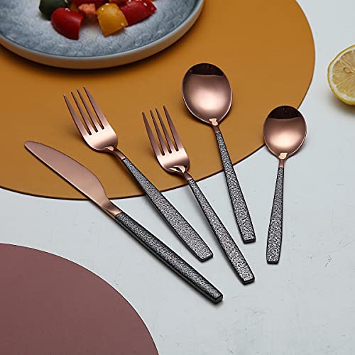 Silverware Set 20 Pieces Rose Gold Head Coating With Black Mars Handle, Stainless Steel Copper Titanium Plating Knives Spoons Forks Flatware Set Utensils Set Cutlery Set Service For 4