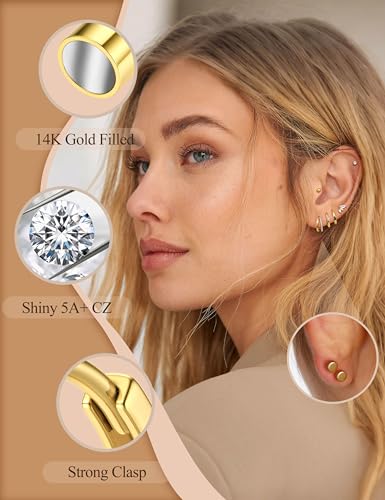 Florideco Small Gold Hoop Earrings 14K Gold Plated Hypoallergenic Flat Back Earrings Surgical Stainless Steel Cartilage Earring Sets for Multiple Piercing Trendy Earring Stacks Flatback Stud Earrings2