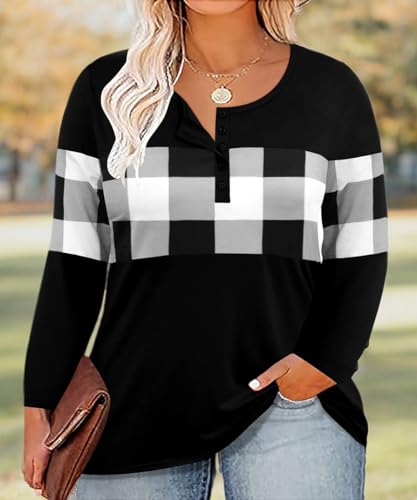 Image of CARCOS Plus Size Tops for Women Long Sleeve Fall Tunic Color Block Camo /Plaid /Leopard /Fall Blouse Crewneck Tshirt XL-5XL