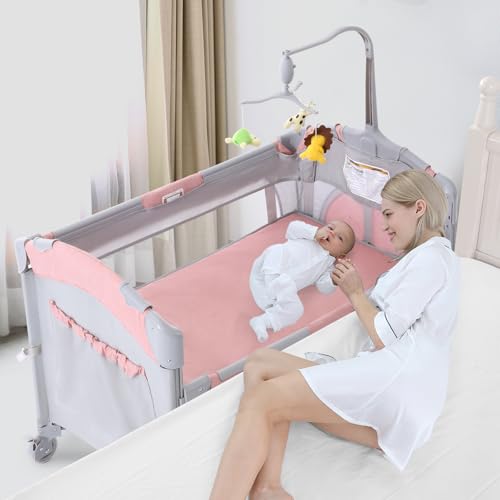 Image of Jaoul 5 in 1 Baby Crib, Bassinet Beside Sleeper, Pack and Play with Bassinet and Changing Table Portable Travel Baby Playpen with Toys & Music Box, Mattress for Girl Boy Infant Newborn Pink