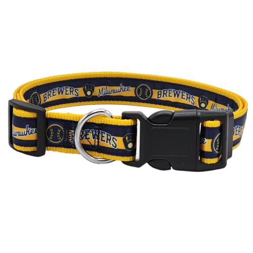 MLB PET Milwaukee Brewers Dog Collar, Large - Baseball Team Collar for Dogs & Cats - Shiny & Colorful, Licensed by The MLB