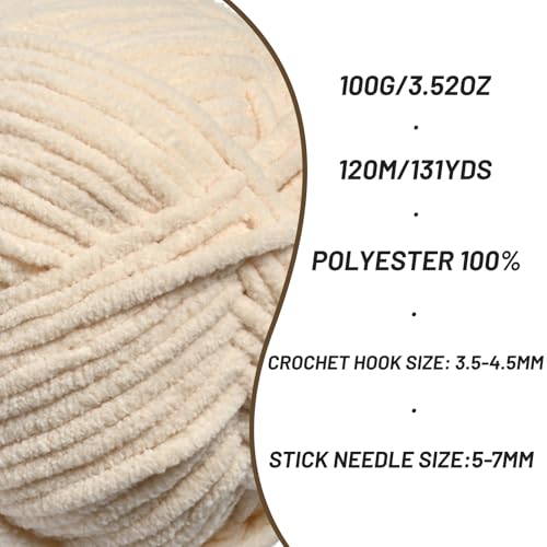 Image of 3 Packs Plush Chenille Chunky Crochet Yarn - Baby Yarn for Crocheting Soft - Velvet Yarns Knitting for Blankets Crafts - Fluffy Amigurumi Yarns 300g / 393yd (3 Beige)