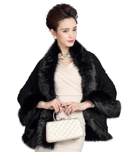 ELFJOY Bridal Faux Fur Shawl Black Fur Coat Women Luxury Faux Fur Wrap for Evening Dresses Winter Cashmere Fur Cape for Wedding Evening Party