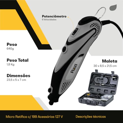 Razi, Micro Retífica com 199 Acessórios, 130W, 3,2mm, 220v