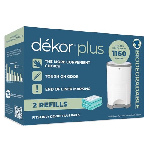 Image of Diaper Dekor Plus Diaper Pail Biodegradable Refills | 2 Count | Most Economical Refill System | Quick & Easy to Replace | No Preset Bag Size – Use Only What You Need | Exclusive End-of-Liner Marking