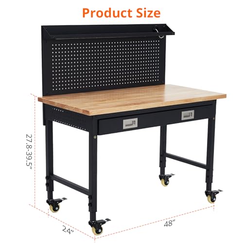 Garvee Workbench 48 in L X 24 in W, Adjustable Work Bench Garage Workbench with Drawers, Pegboard, 2200 LBS Capacity Rubber Wood Top Work Table Heavy-Duty, Rolling Work Benches for Workshop by Garvee - Image 5