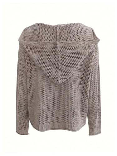 Women's Crochet Hollow Out Hooded Sweaters Long Sleeve V Neck Knit Hoodie Loose Pullover Tops2