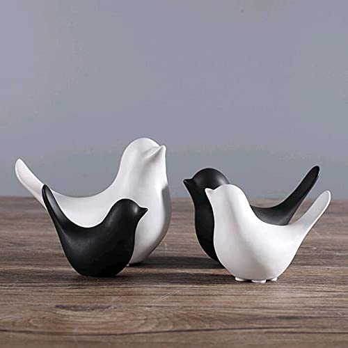 Juanxian Juego de 4 adornos de pájaros de cerámica blanca y negra con estatua de animales pequeños, decoración moderna de escritorio, manualidades, lindas esculturas W4543