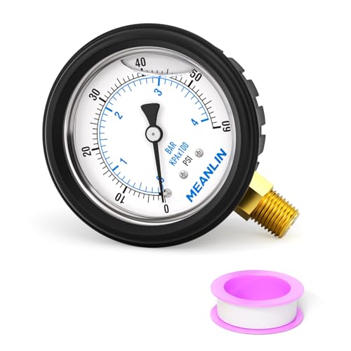 Image of MEANLIN MEASURE 0~60Psi Stainless Steel Liquid Filled Pressure Gauge 1 /4 inch NPT 2.5 inch FACE DIAL with Rubber Protective Sleeve, Lower Mount