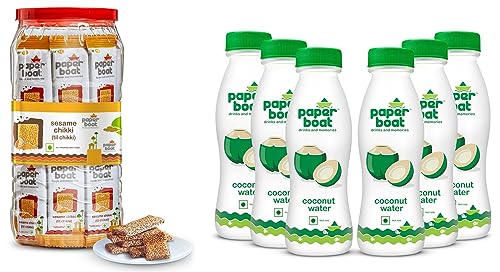 Image of Paper Boat Coconut Water, Refreshing Coconut Flavour, Vital Minerals (Pack of 6, 200ml Each) & Paper Boat Sesame Chikki Jar, Nutritious Bar (50 pieces, 16g each)