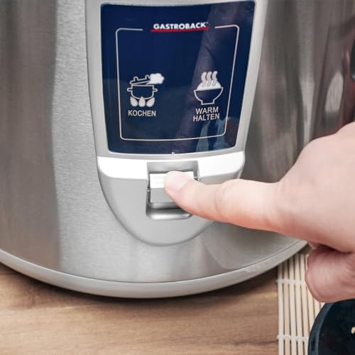 Bild 3 - GASTROBACK Design Reiskocher mit Abschalt-und Warmhaltefunktion inkl. Antihaftbeschichtung - 3 Liter - 450 Watt Reis Kocher inklusive Dünsteinsatz, Reislöffel und Messbecher, Grau
