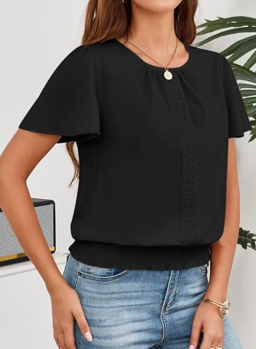 Womens Summer Tops Scoop Neck Ruffle Sleeve Shirts Cute Pleated Front Blouses Dressy Casual 20253