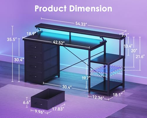 Image of ODK 55 Inch Computer Gaming Desk with LED Lights & 4 Drawers, Home Office Desk with Monitor Stand & Storage Shelves, Black