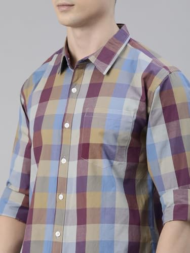 Image of JOVEN Men Slim Fit Pure Cotton Brown and Dark Green Casual Checked Shirt