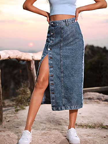 THLAI Womens Skirt Denim Midi Skirt Button Up Side Slit Skirt Long Straight Skirts Spring Fall Skirt3