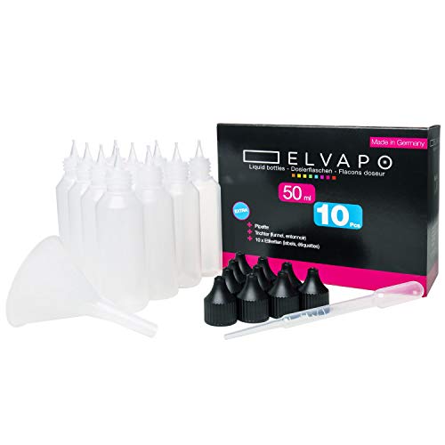 Elvapo 50x50ml Selbst-Mischer-Set + 5X Trichter + 5X Pipette + 50 Etiketten | Dosierflaschen mit Dropper für E-Liquids