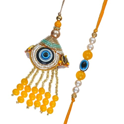 Image of eCraftIndia Yellow Evil Eye Designer Bhaiya Bhabhi Rakhis with Best Bro Ever Fridge Magnet | Set of 2 Rakhi for Brother and Bhabhi | Lumba Rakhi | Roli Chawal Pack