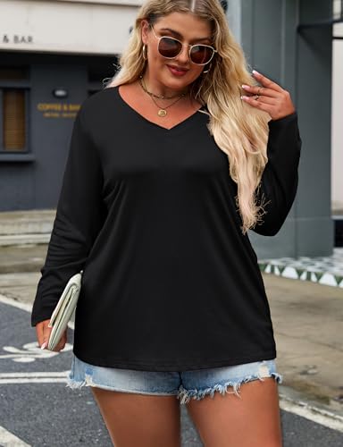 Halife Womens Plus Size V Neck Tshirts Fall Long Sleeve Tops Casual Loose Fit Tee Shirts Tunics XL-5X3
