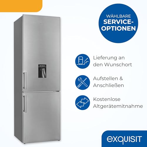 Exquisit Kühlschrank mit Gefrierfach | Kühl-Gefrierkombination freistehend 268 l, Wasserspender, 4-Sterne-Gefrierfach, LED, Inox-Look, 180 cm, 39 dB, Energieklasse E