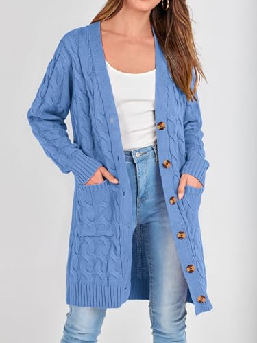 Image of PRETTYGARDEN Long Sleeve Cable Knit Long Cardigan for Women 2026 Spring Winter Chunky Open Front Button Sweaters with Pockets