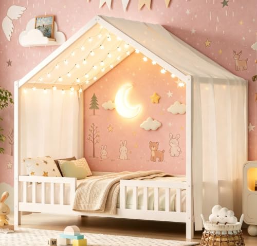 Image of Bellemave Twin House BedFrame with Canopy and Rails, Montessori Bed, House Bed with Rails for Kids, White