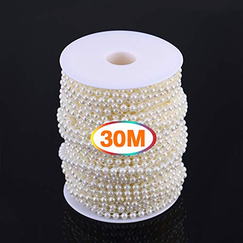 Pearl Bead String 5 mm Pearl Garland Spool Pearls by The Roll Pearl Beads String Trim Chain,30 M,Ivory White
