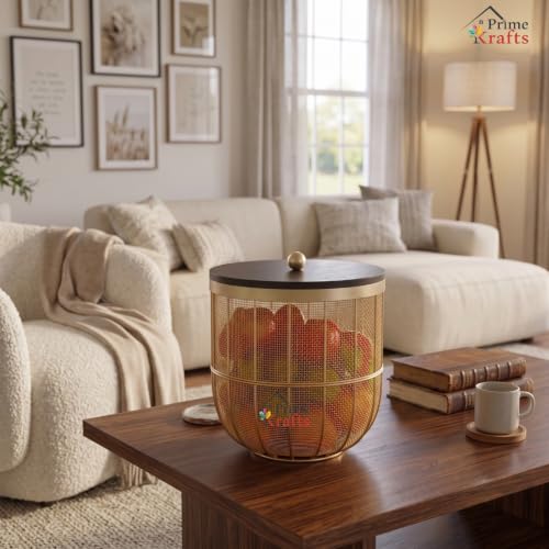 Image of Decorative Net (Jaali) Design Fruit and Vegetables Basket with Natural Wooden Lid | Premium Insect Resistant Storage Organizer for Home and Kitchen - Gold