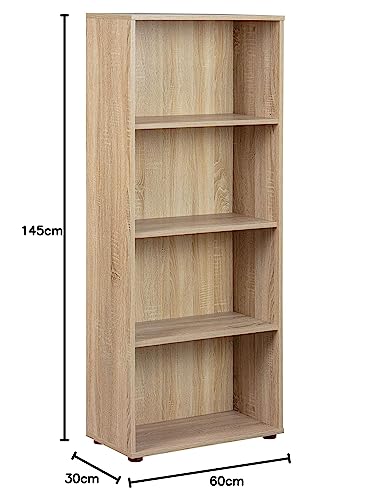 Inter Link - Bücherregal - Standregal - 4 Fächer - Höhenverstellbare Böden - Holzregal - Wohnzimmer - Arbeitszimmer - Parini 3 - Eichenfinisch, Sonoma Eiche Nachbildung