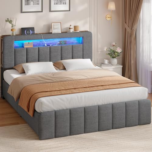 AOGLLATI Polsterbett 140x200 mit Stauraum,Hydraulisches Bett mit LED-Bleuchtung und Ladestation Jugendbett Doppelbett Bettgestell mit Kopfteil aus Samt-Ohne Matratze (Grau Leinen, 140x200cm)