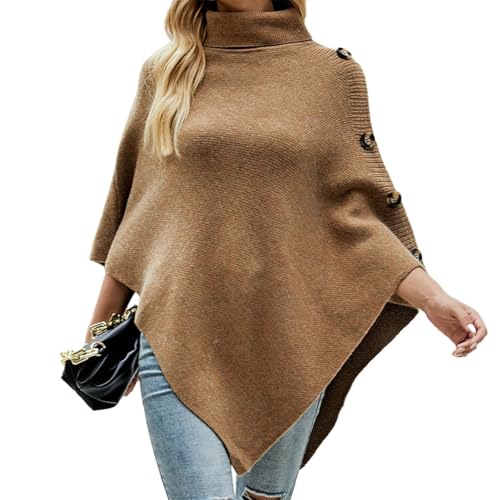 Women Turtleneck Poncho Knit Cape High Neck Button Detail Sweater 3/4 Sleeve Oversized Fall Sweaters Pullover Shawl4