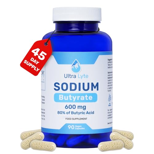 Ultra Lyte Sodium Butyrate 600mg per Serving 80% Butyric Acid 90 Vegan Capsules 45 Servings Advanced Microencapsulated Formula Gut Comfort & Digestive Balance