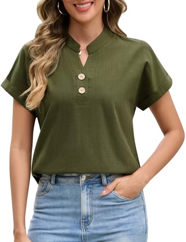 UMIPUBO Blusas Mujer Verano Manga Corta Cuello en V Camisas con Botón Elegante Camisetas Suelta Blusones Casual Básica Camisa Moda T Shirts Tunic Tops (Verde, M)