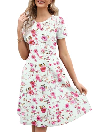 Office Dresses for Petite Women for Work Classic Vintage 50s Office Casual Party A-Line Swing Knee-Length Dress with Pockets 162 (S, Rose White)