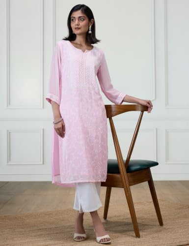 Image of Rangriti Pink Embroidered Straight Kurta for Women