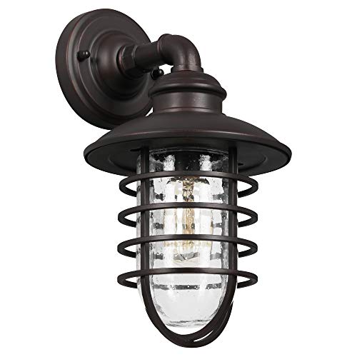 Design House 588970-BRZ Stevenson Rustic Industrial 1-Light Indoor Outdoor Dimmable Wall Light with Clear Seedy Glass and Metal Wire Shade for Kitchen Hallway Bedroom Bathroom Patio, Bronze